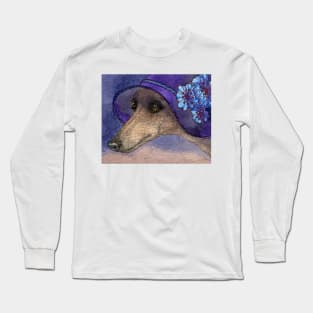 Whippet of Mystery Greyhound dog in fabulous hat with blue flowers Long Sleeve T-Shirt